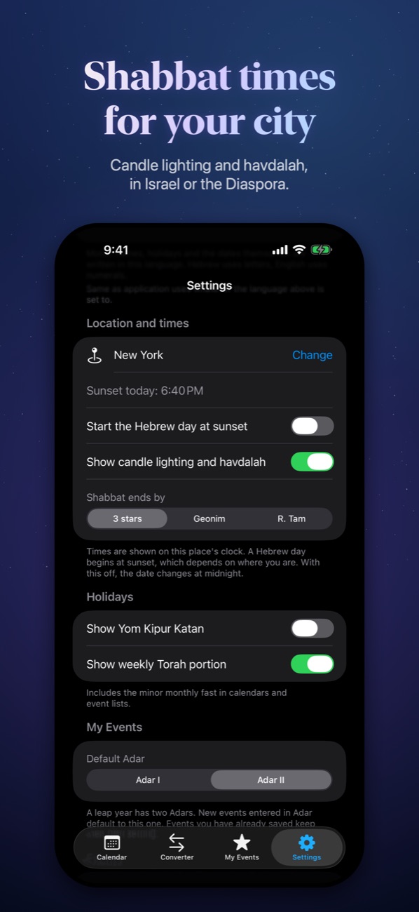 Location and Shabbat times in Settings