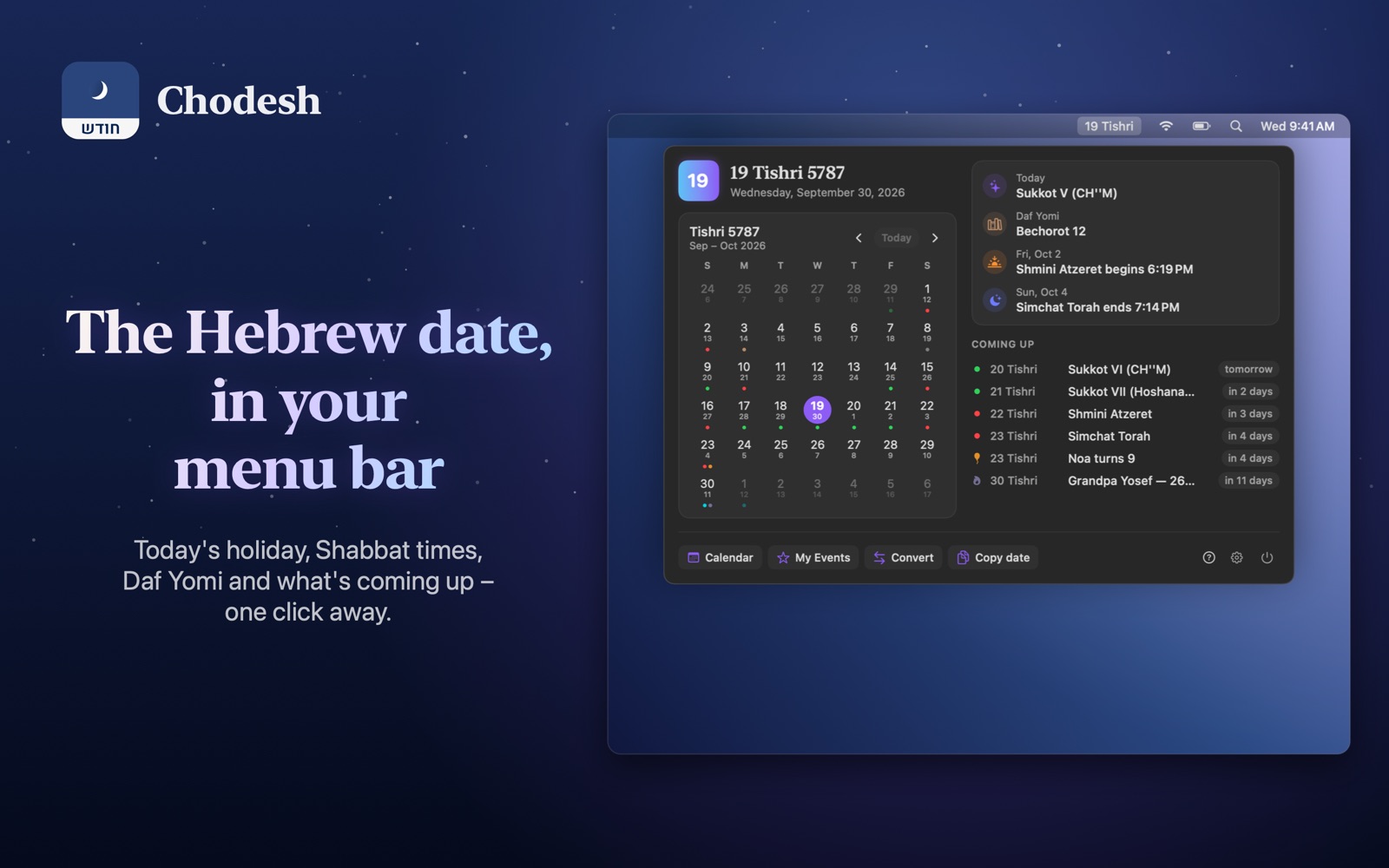 The Chodesh menu under the Hebrew date in the Mac menu bar: today, the month and what's coming up