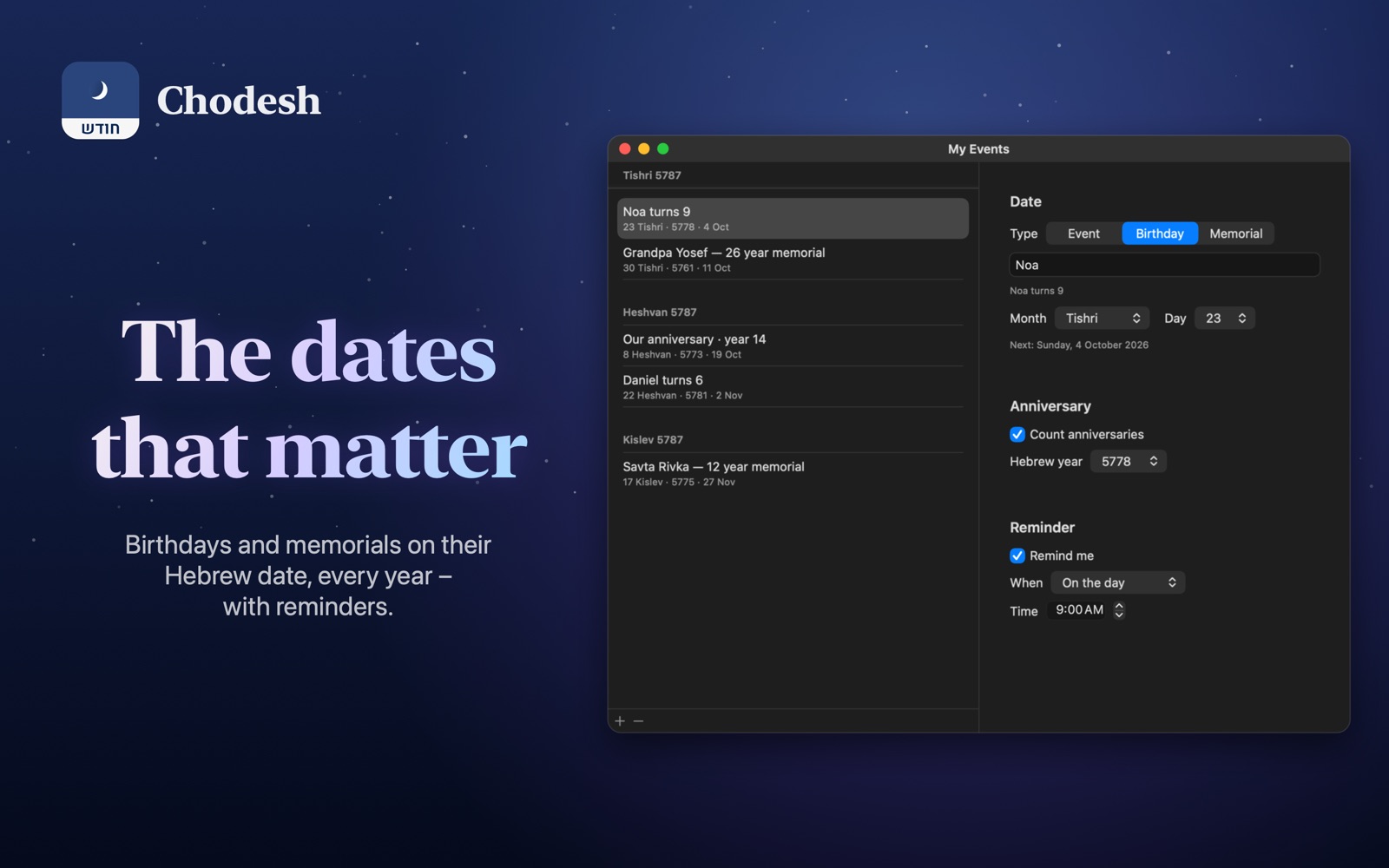 My Events: birthdays and memorials on their Hebrew dates, with reminders