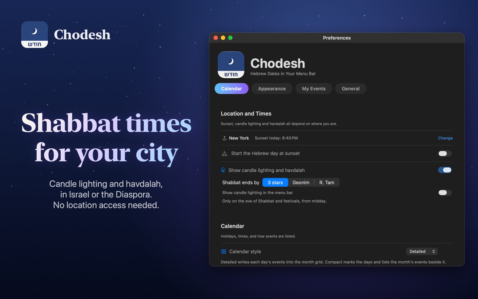 Location and Shabbat times in Preferences